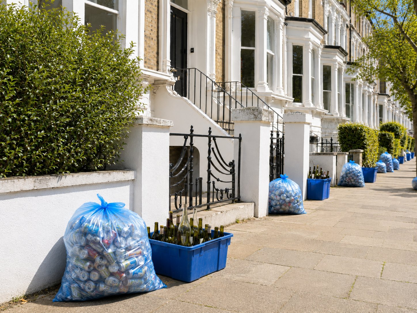Bags and bins of empty beverage containers set out for collection along a residential street